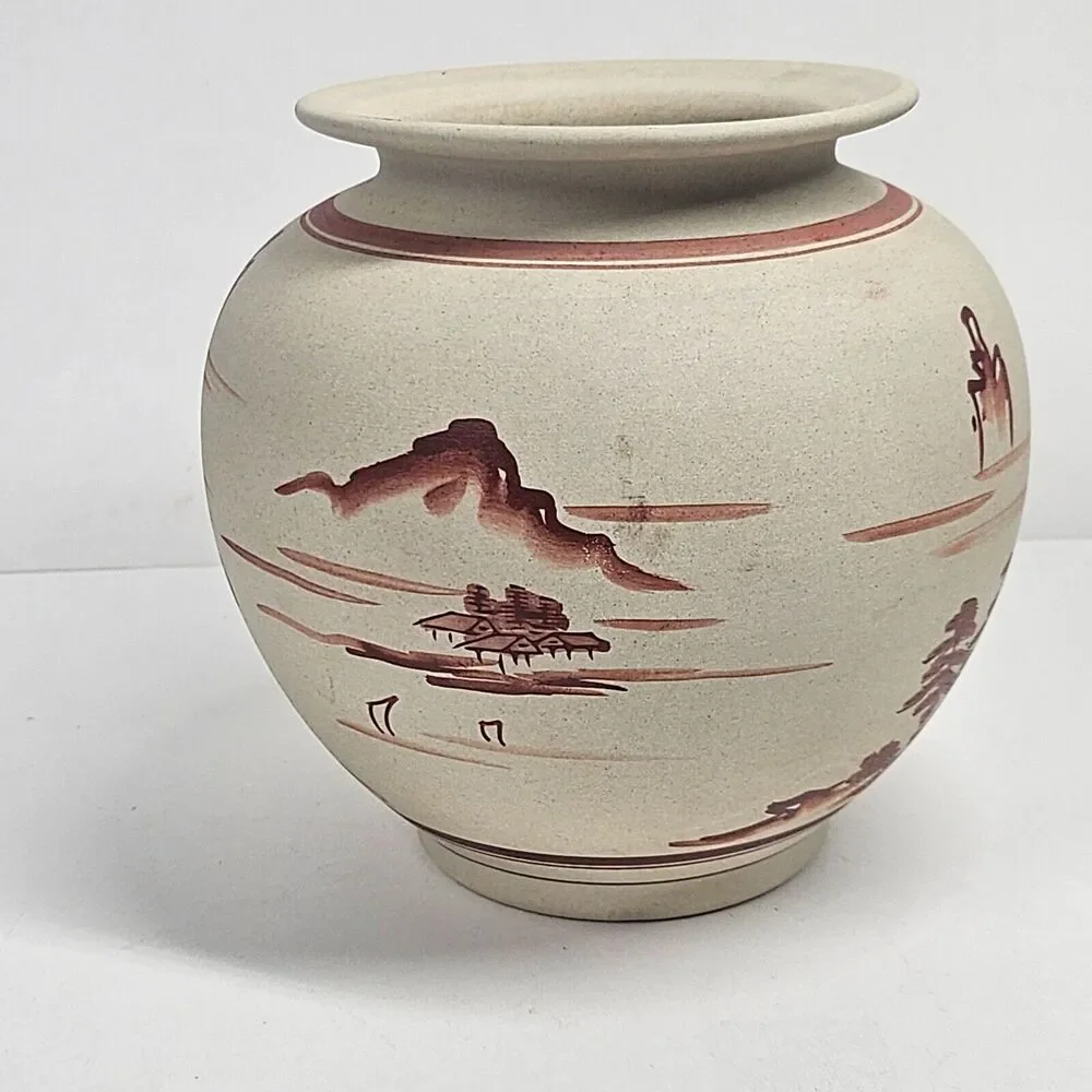 Kutani Satsuma Vase Planter Vintage Red Scenic Handpainted Porcelain Japan
